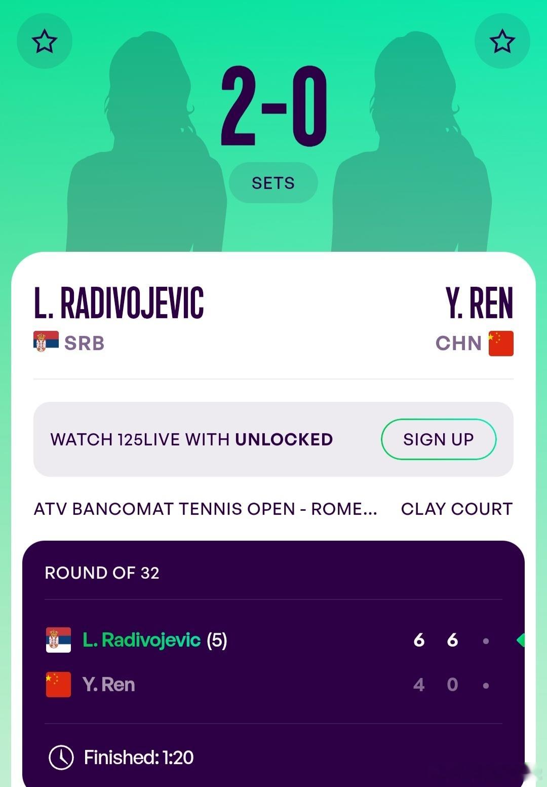 WTA125罗马站🇮🇹女单第1轮任钰菲🇨🇳4-6/0-6不敌拉迪沃耶维奇