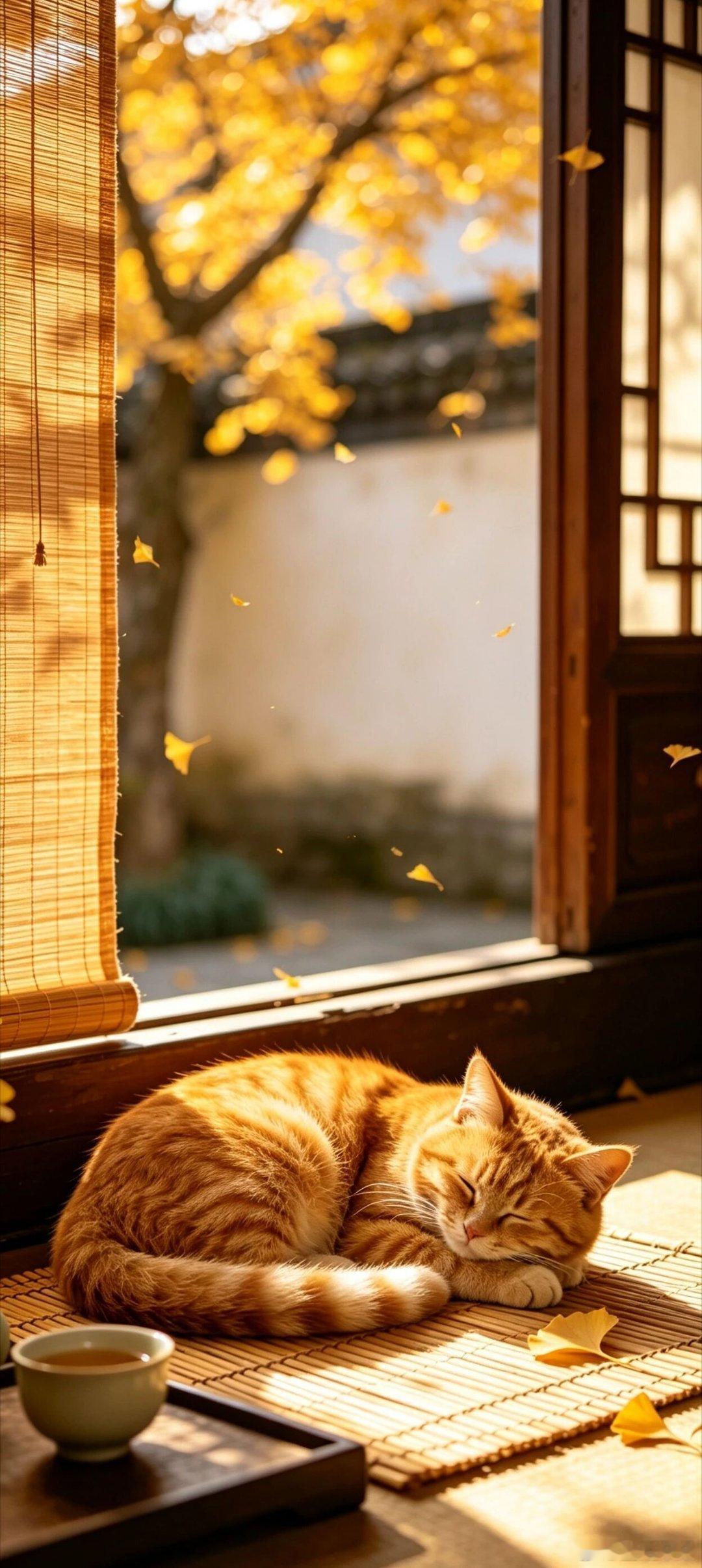 落叶暖阳🍂庭院秋光无限美景插画壁纸...🍁🍂