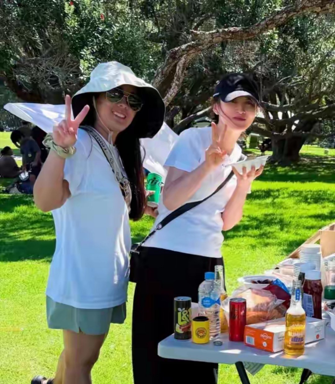 50岁蒋勤勤在新西兰和朋友到公园野餐吃烧烤，状态看起来太好了