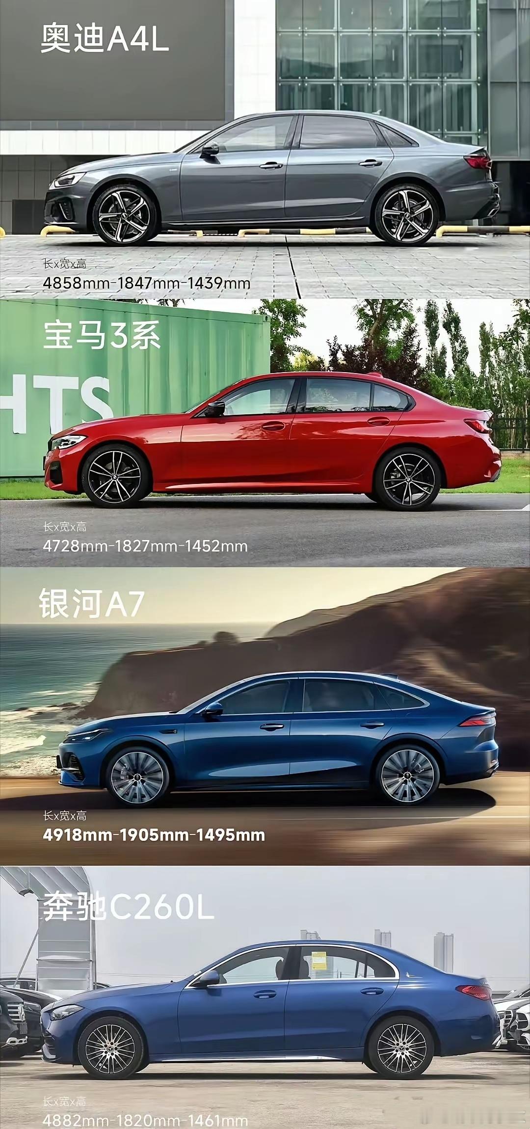 吉利银河A7看来是有进步了，才敢跟奔驰C级，宝马3系，奥迪A4这样比，哪怕是外观