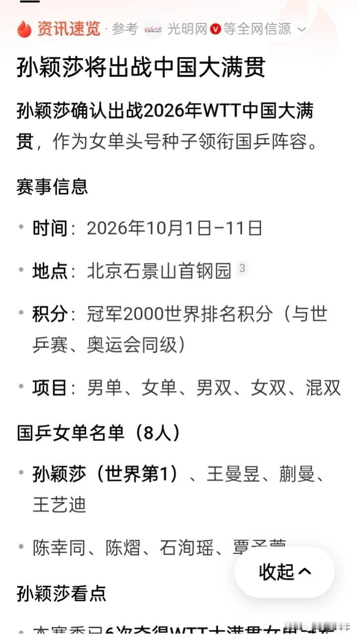 孙颖莎终于传来了好消息！据国乒传来的消息，孙颖莎终于确定了参加中国大满贯比赛！