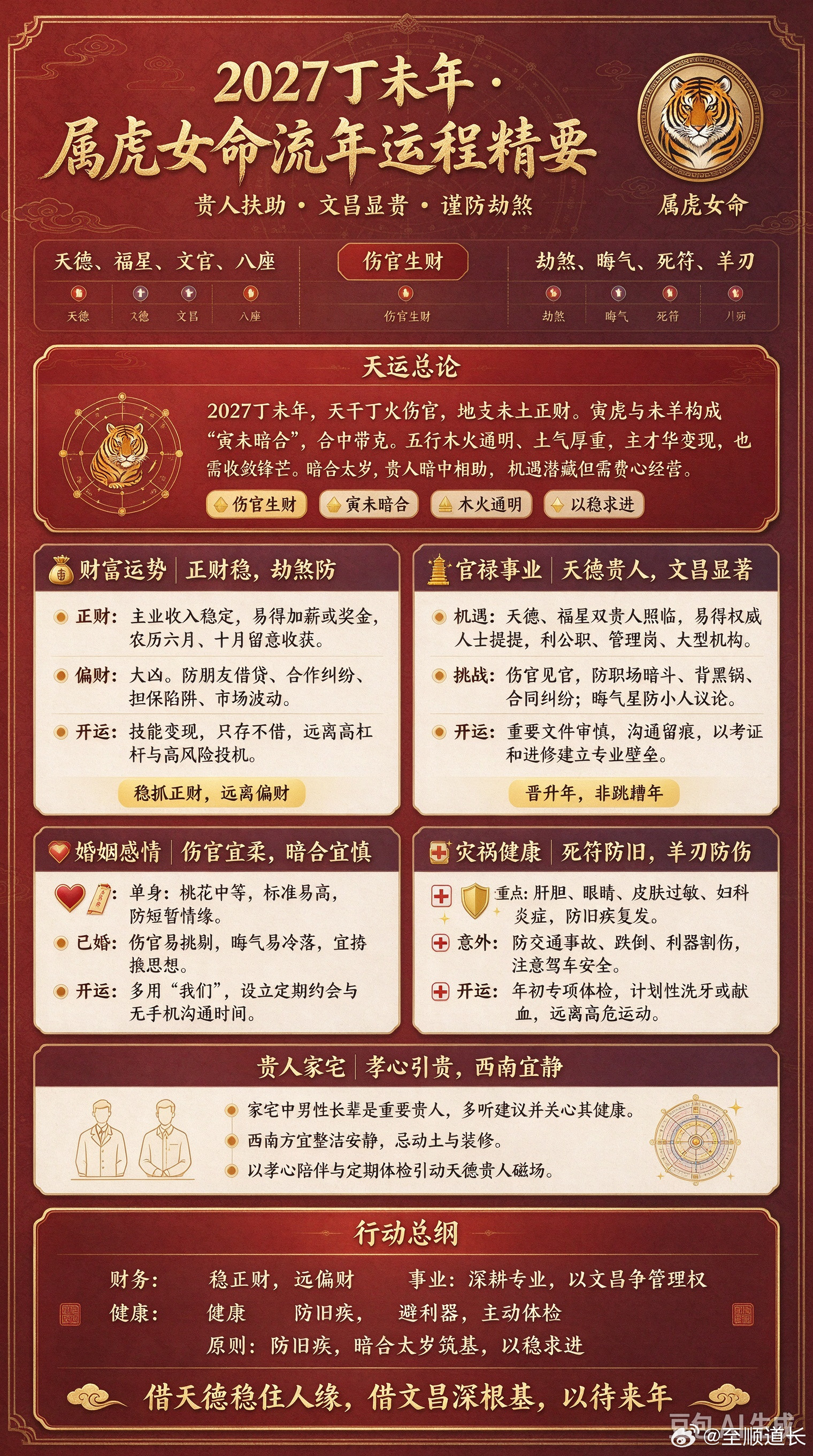 2027丁未年·属虎女命流年运程精要年度主题：贵人扶助·文昌显贵·谨