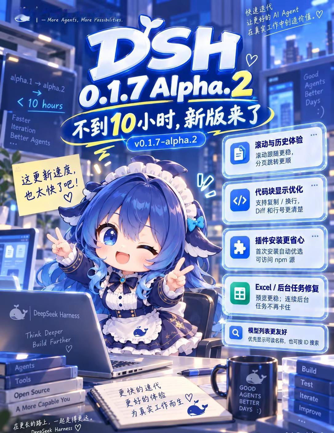 不到10小时，DSH0.1.7再更新。距离昨天的alpha.1还不到1