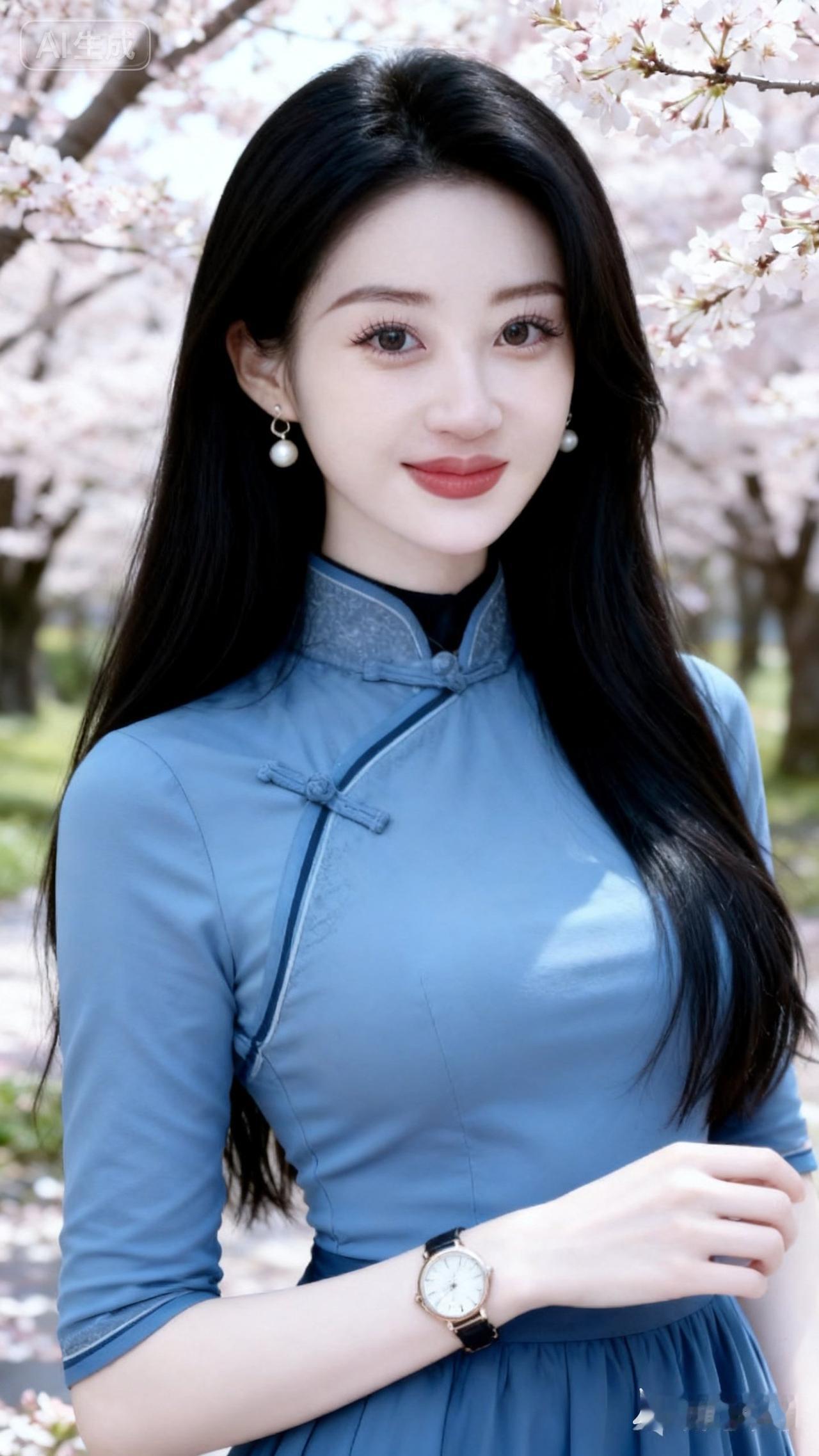 樱花树下，蓝衣少女，温柔微笑，春意盎然。