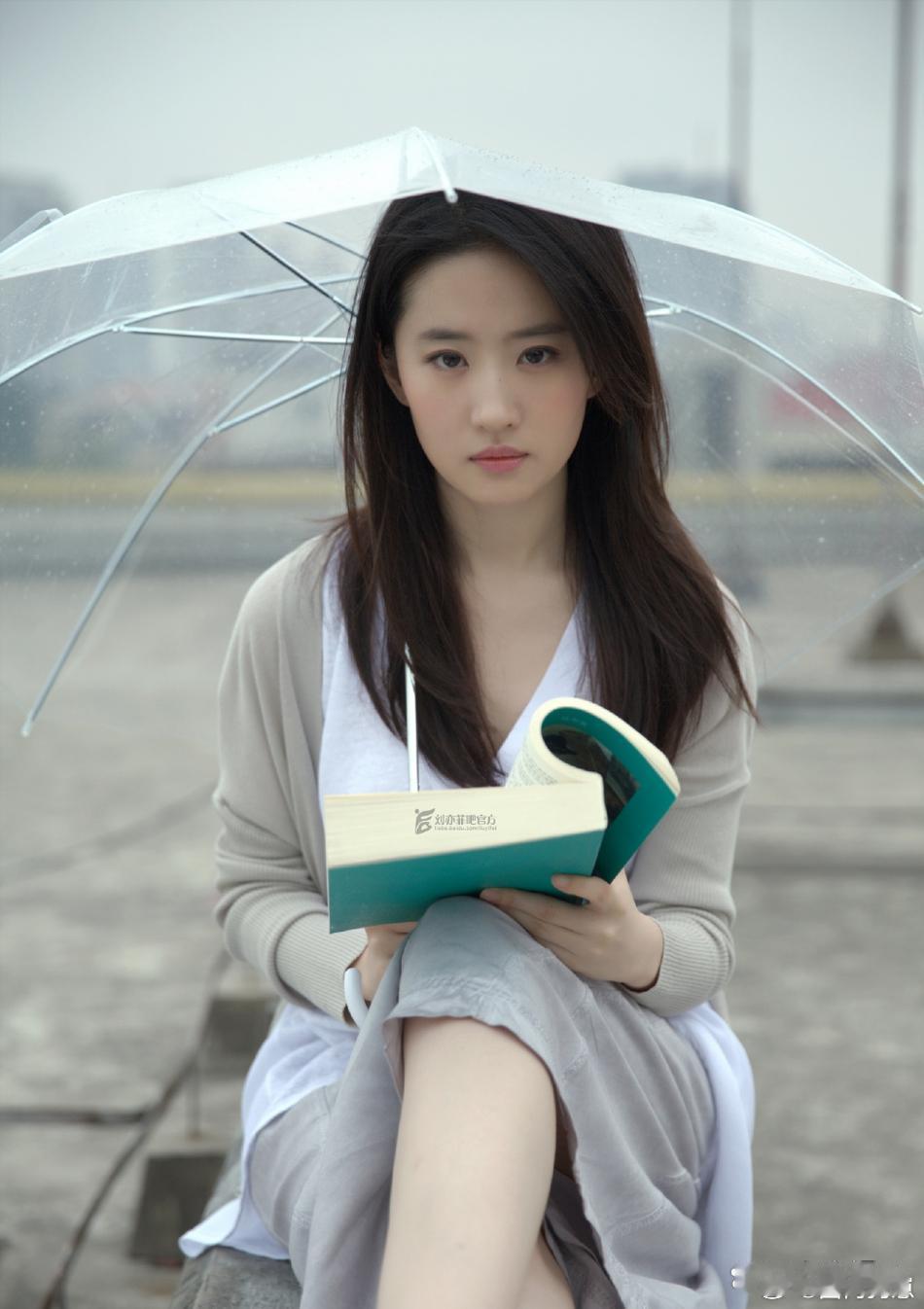 刘亦菲白衣搭配灰裙，外搭简约针织衫，手持蓝封书籍、撑透明雨伞静静伫立，气质淡然干