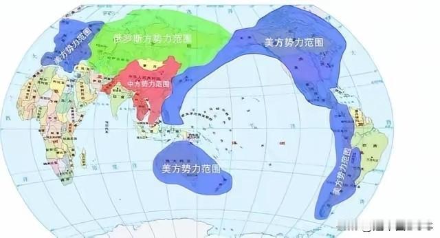 美国势力范围遍布全球，远不止图中标识。俄罗斯势力范围除了本国领土外再加上中亚五国