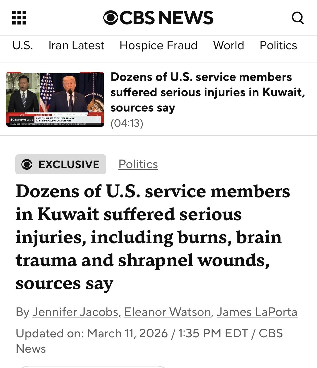 美媒独家：在科威特受伤的美军人员情况远比五角大楼说的严重得多美国哥伦比亚广播