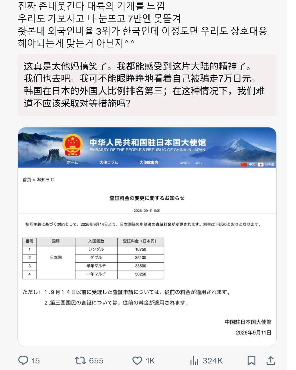 韩国网友看到我国上调日本公民赴华签证费（对等原则调价）后的感慨，提议韩国也效仿，