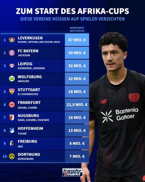 德甲各队因非洲杯离队球员总身价: 药厂4人共8700万居首
