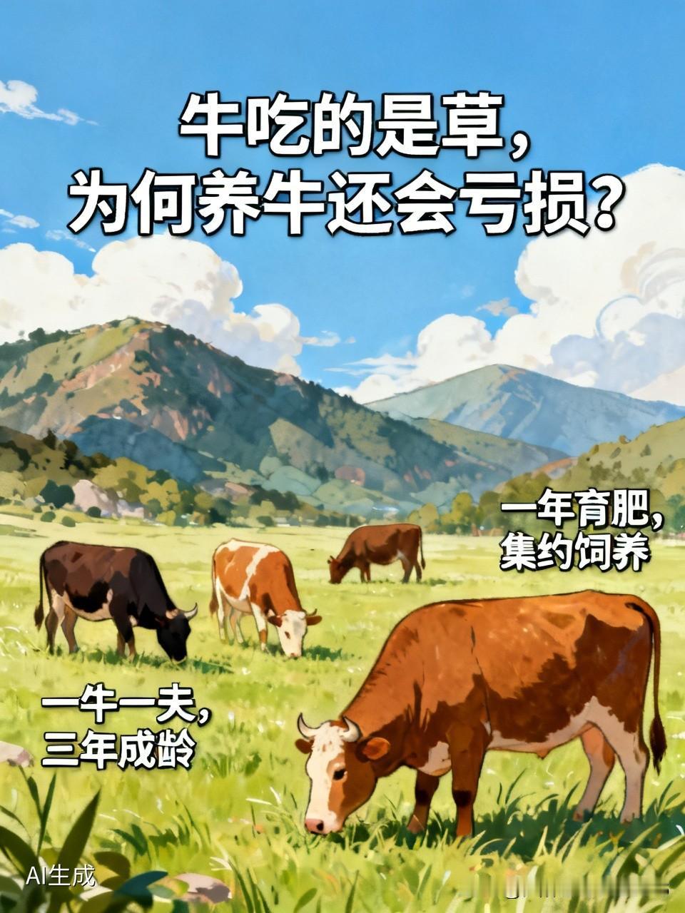 牛吃的是草,为何养牛还会亏损?正因为牛是吃草，长势慢，一头牛需要养三年才能成龄牛