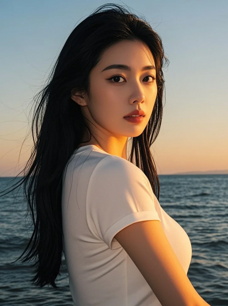 日落时刻，她在海边留下了足迹