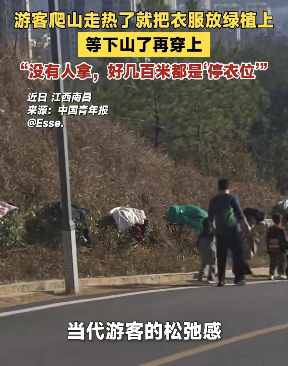 江西南昌一景区有游客发视频称，很多游客徒步的时候走热了，就会把外套直接脱下来放到