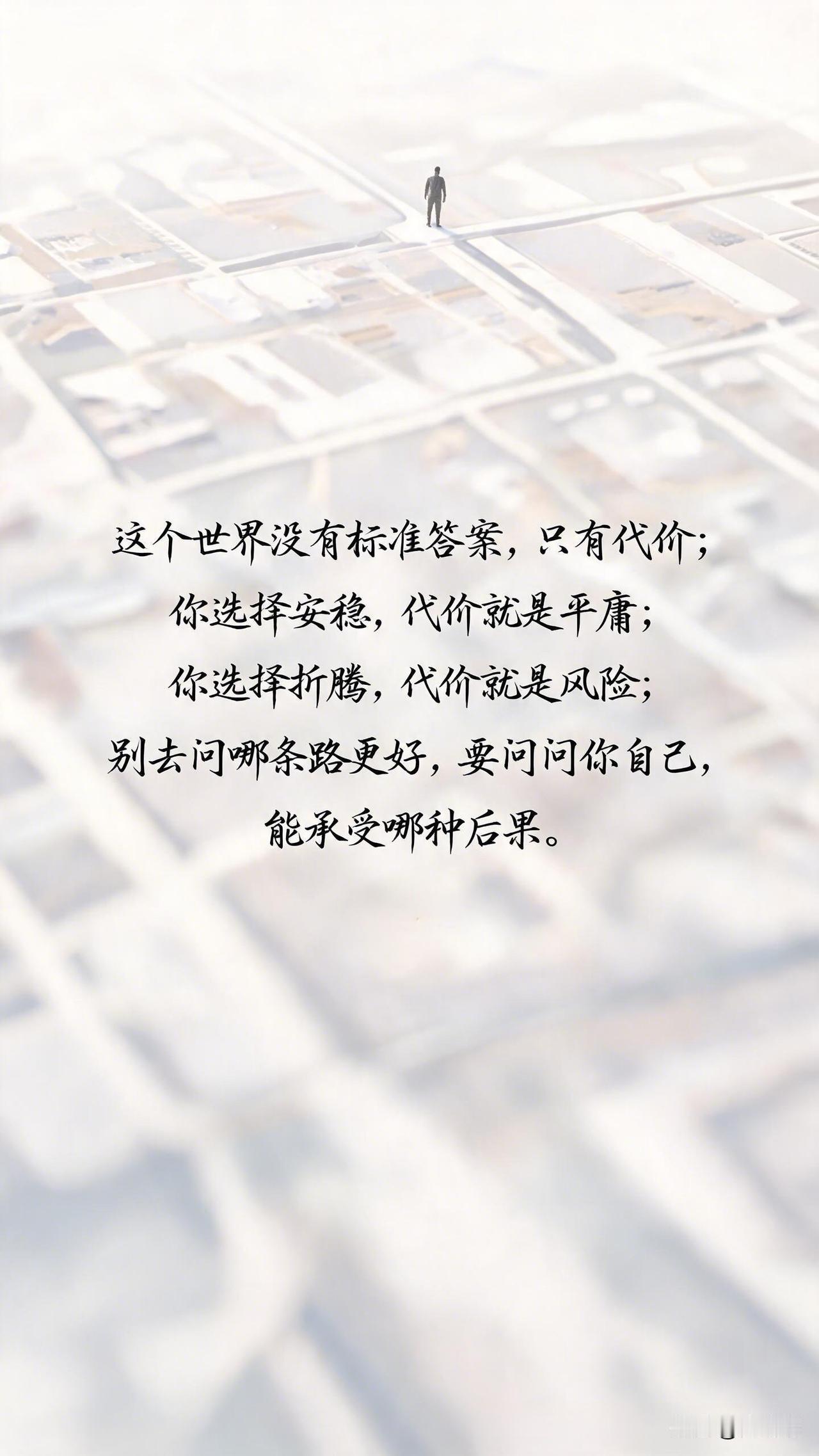 这个世界没有标准答案，只有代价。你选择安稳，代价就是平庸。你选择折腾，代价就是风