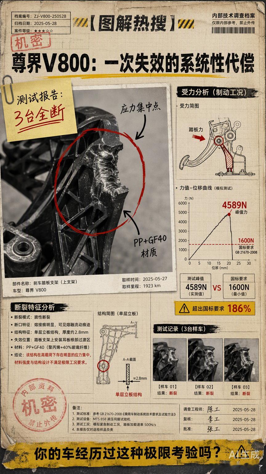 看着是刹车踏板支架断裂，换个运动视角看，这其实是尊界V800在100km/h-0紧急制动这套“高压考