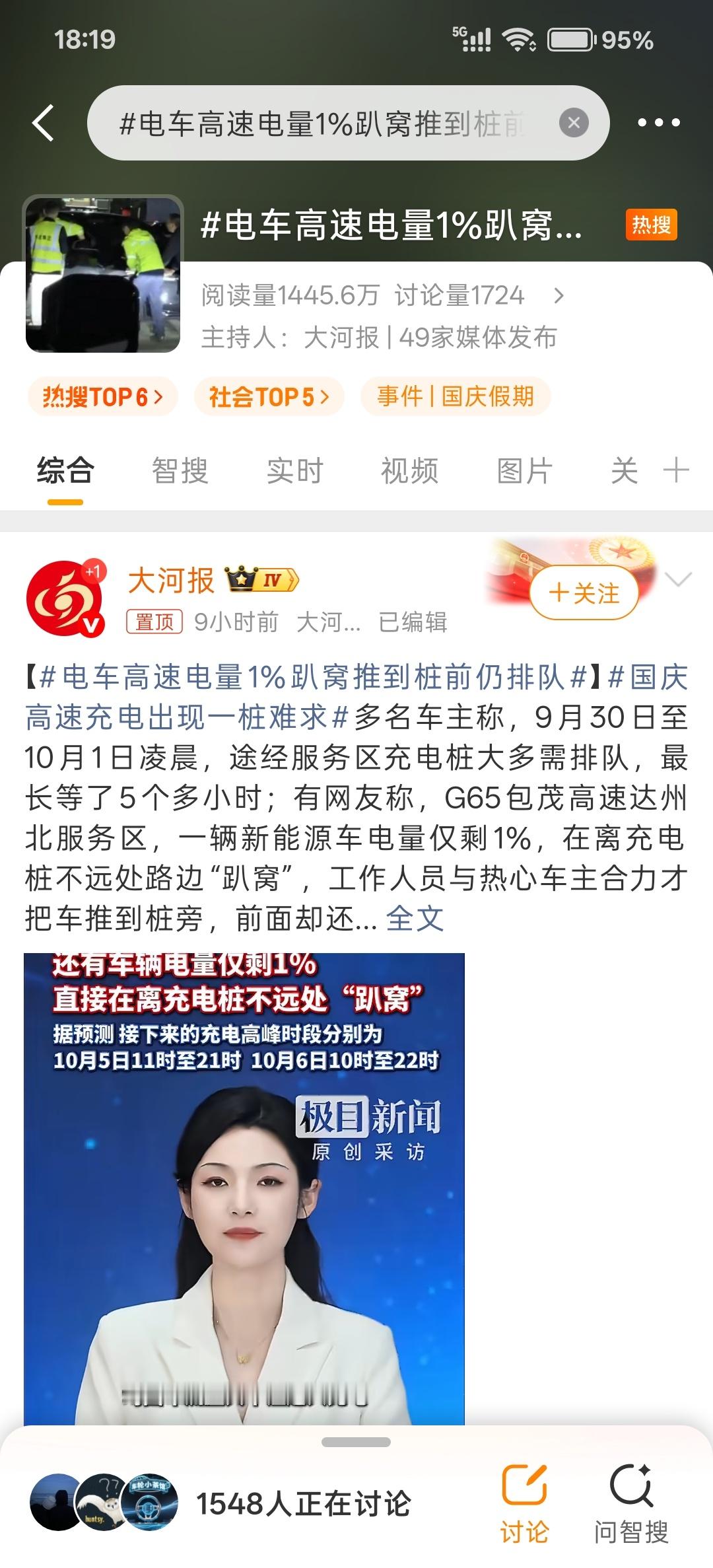 电车高速电量1%趴窝推到桩前仍排队1780万辆新能源车挤爆国庆高速尚界H5一次