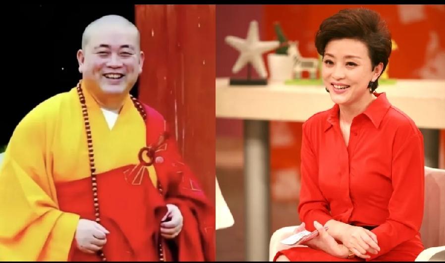 这张照片是原少林寺方丈释永信与一著名美女主持人合影。你看这张照片，他身