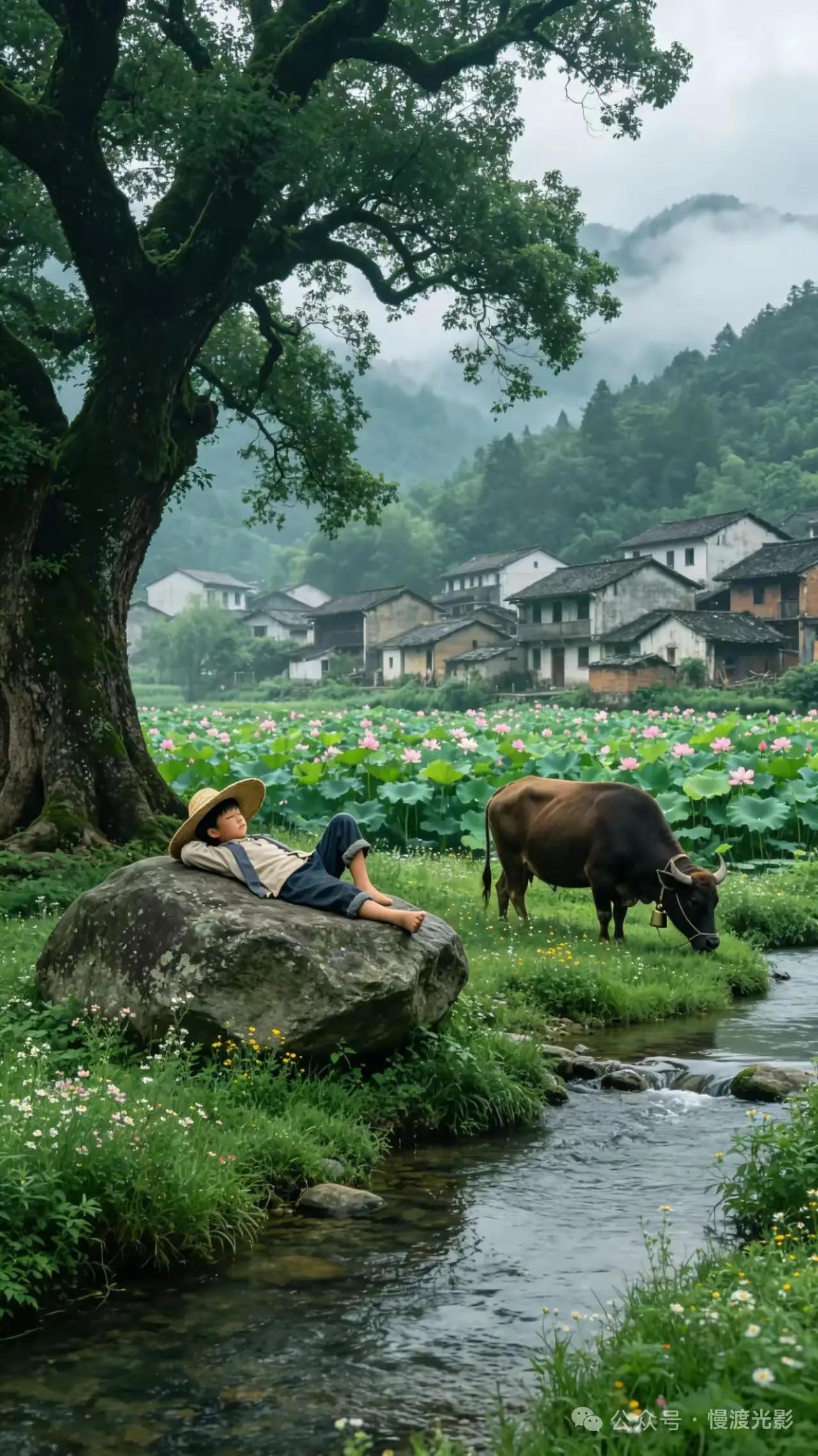 青石横卧纳清凉，牛伴清溪荷塘满远舍青山云雾绕，牧笛声声响耳畔。