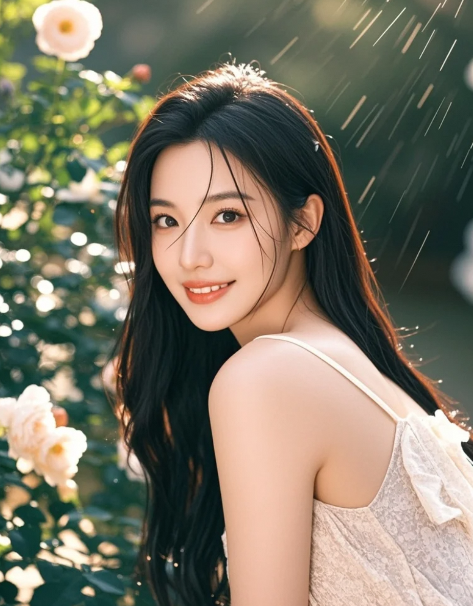 长发飘飘的东方少女，晚风轻抚，笑容温柔如诗