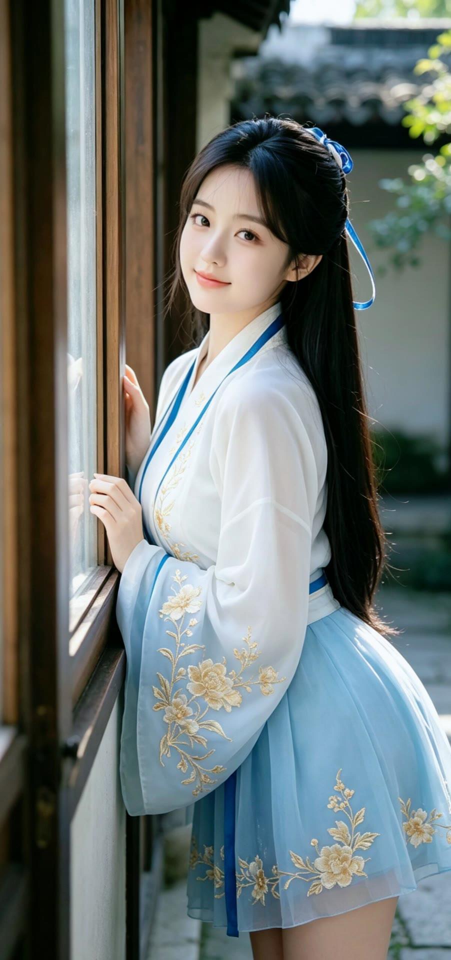 古风少女倚窗笑，花枝招展入画来。