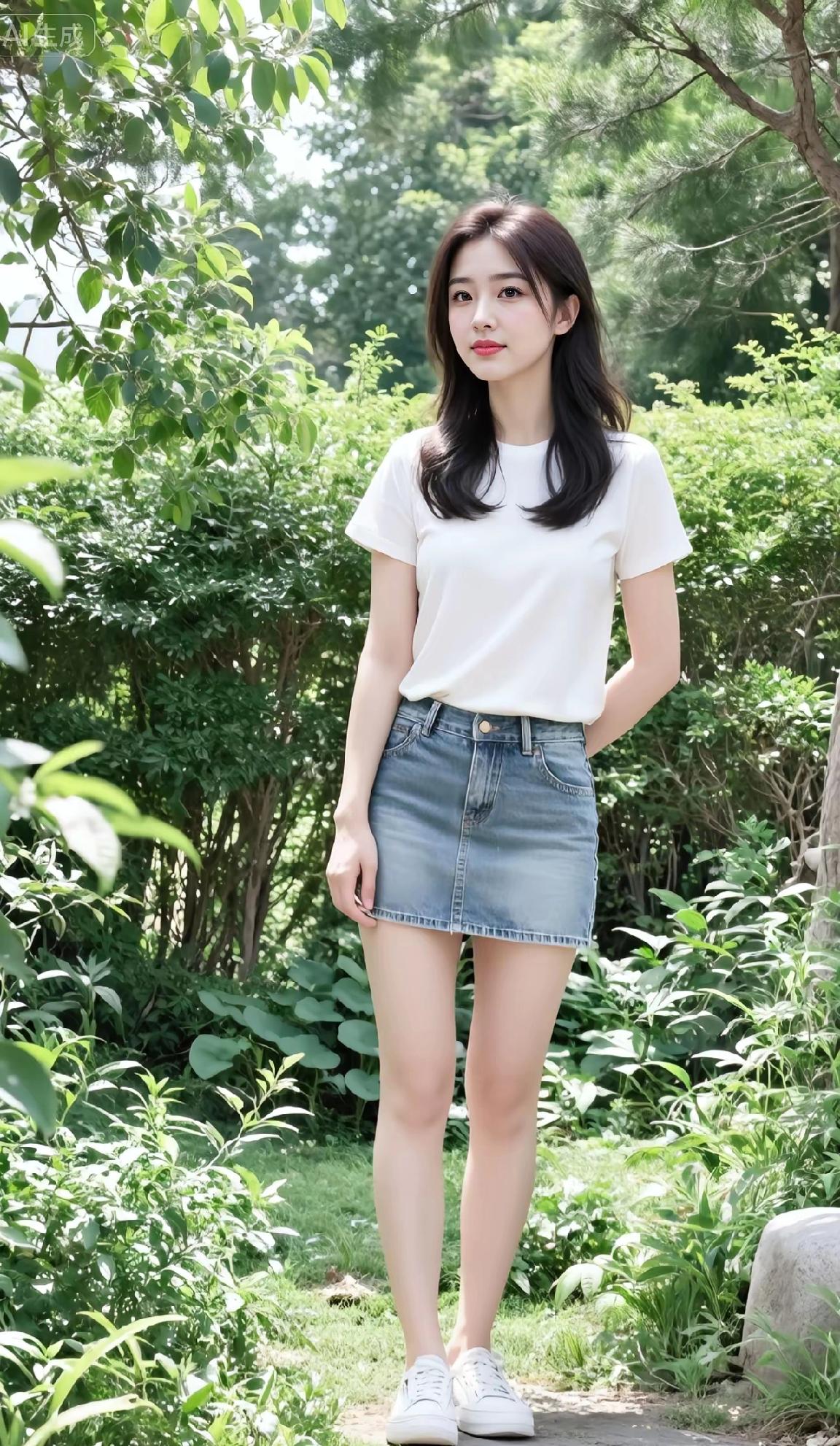 夏日清新穿搭，白色T恤+牛仔短裙，元气满满！