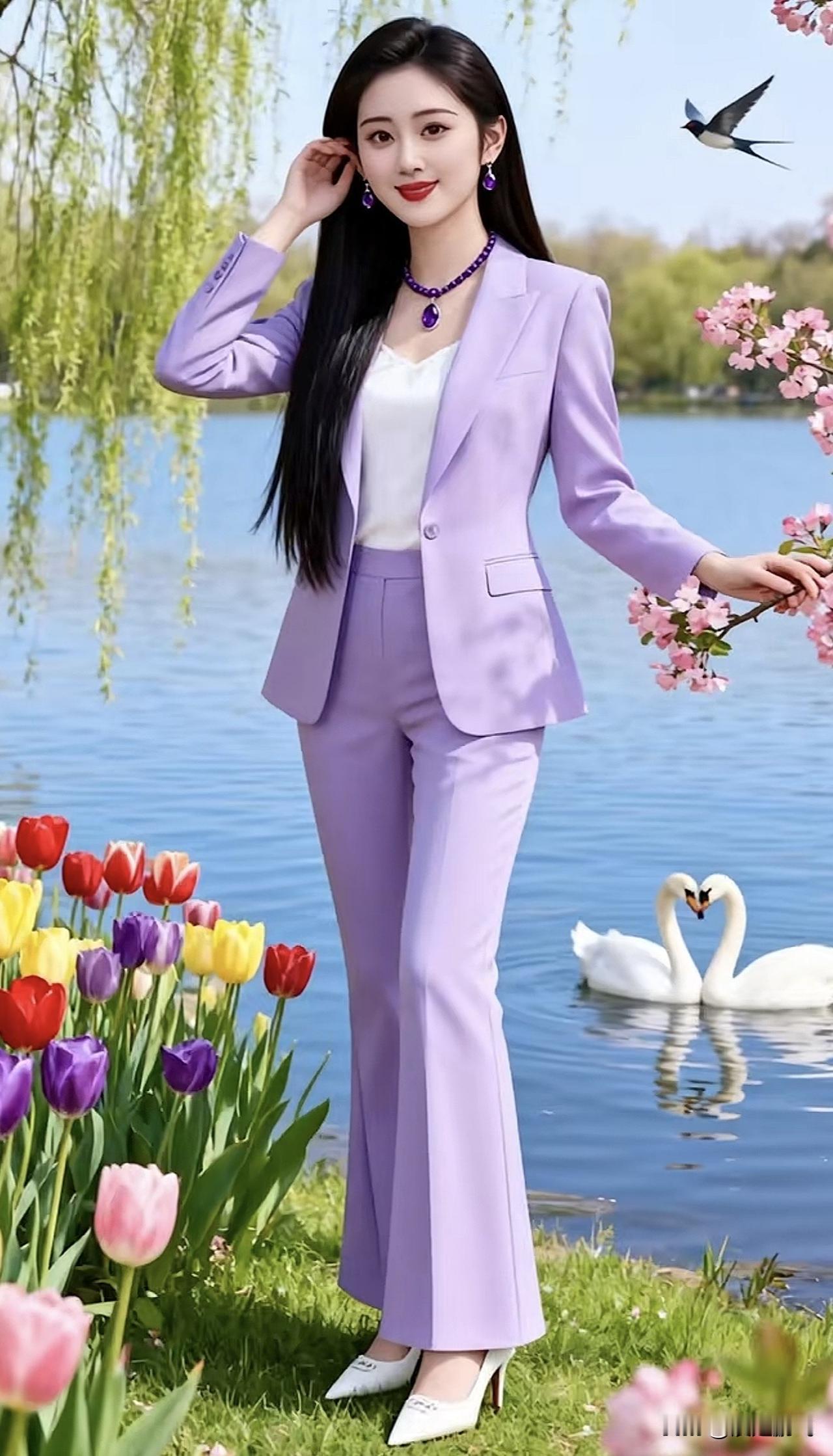 优雅紫色西装，湖畔花海中绽放迷人风采来一组照片证明花开正艳有没有比较紫色系的图