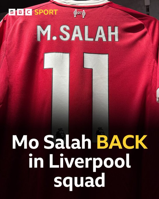 随队记者通稿：在与斯洛特进行面对面会谈后，萨拉赫已回归周六比赛大名单。分歧得到充