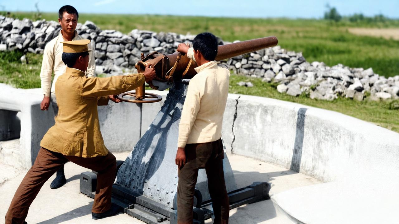 1921年，南京富贵山炮台，一个北洋士兵手扶炮身，摆出瞄准射击的姿势。富贵山