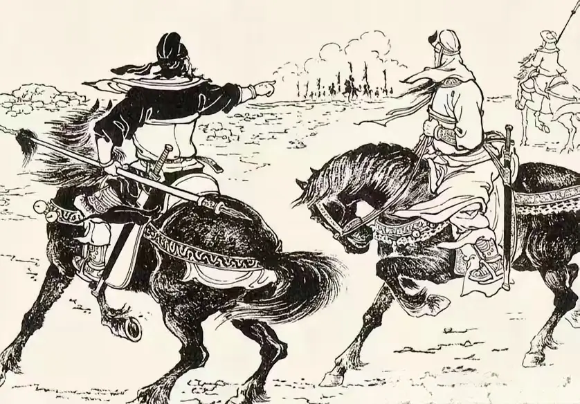 “你看，那是什么！”此图中展现的是关羽张飞，只见远方烟尘滚滚战旗招展...
