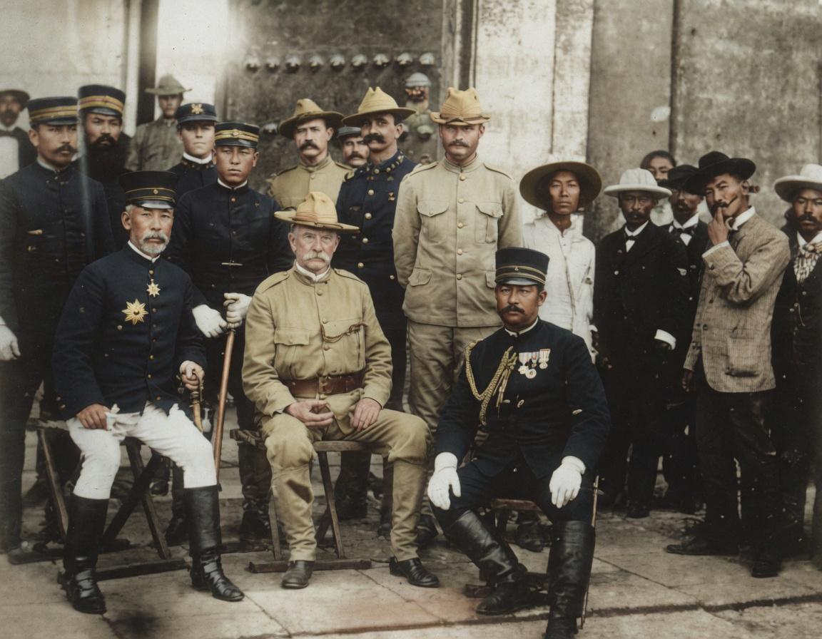 这张照片里，八国联军的美日军官，正坐在紫禁城宫门前合影。1900年，八国联军攻