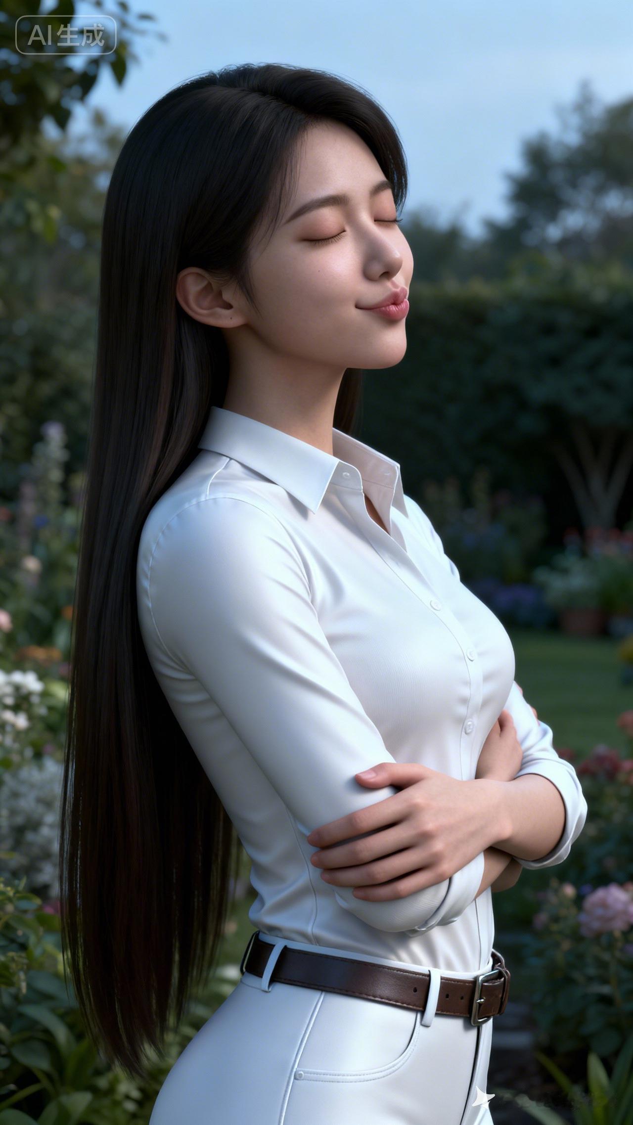 优雅白衬衫，自然花园中，清新脱俗的气质。