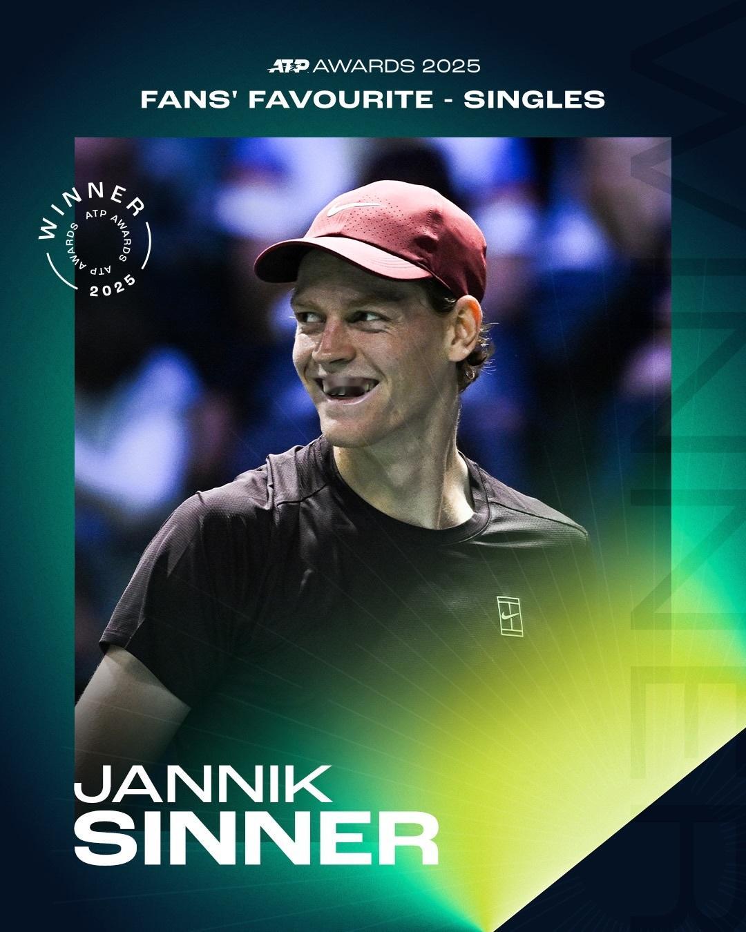 2025ATP年度奖项名单：最受欢迎单打球员：辛纳斯蒂芬·埃德伯格体育风尚大奖：