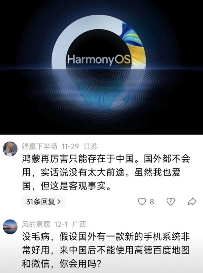 两个网友关于HarmonyOS的观点，让我的心迟迟不能平静。网友A：鸿蒙再厉害