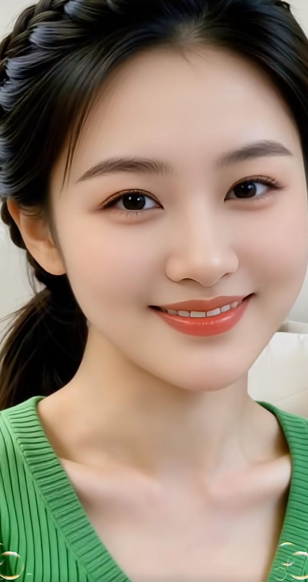 微笑的魅力，绿色毛衣的清新，自然妆容的精致。分享手机里的随手拍温柔毛衣照清透
