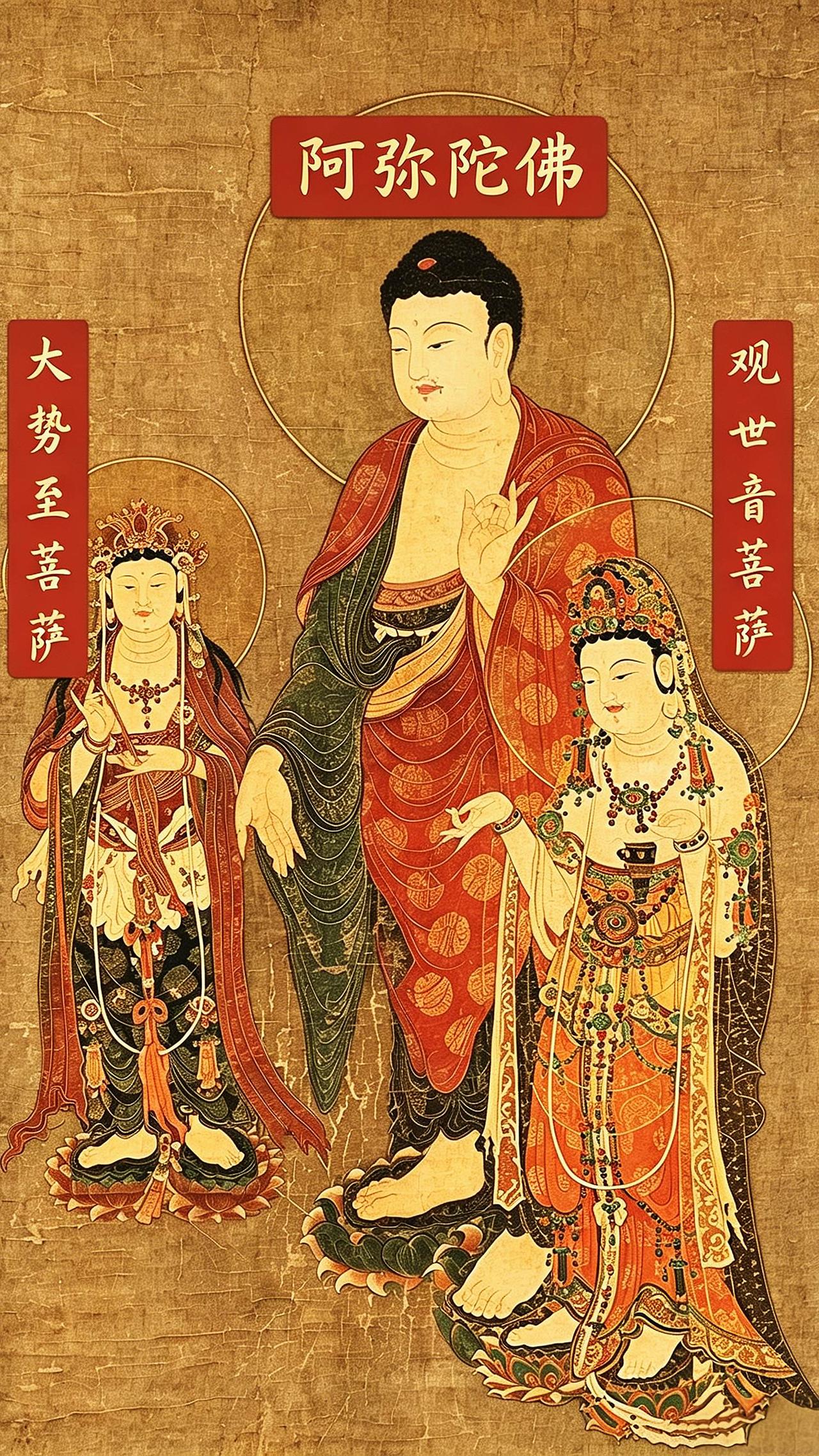 古画里的西方三圣，藏着中国人千年的温柔祈愿中间阿弥陀佛，极乐世界教主，接引