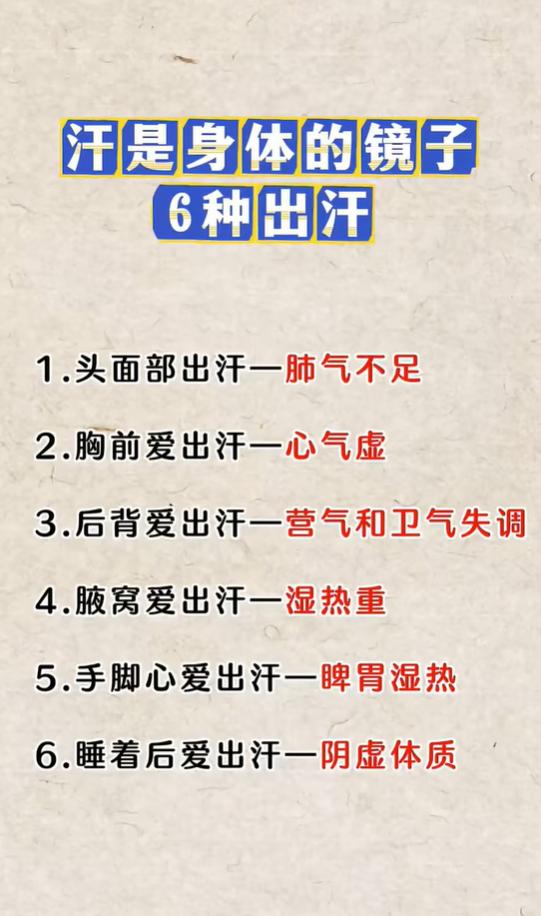 不同部位爱出汗，对应气虚湿热阴虚分清