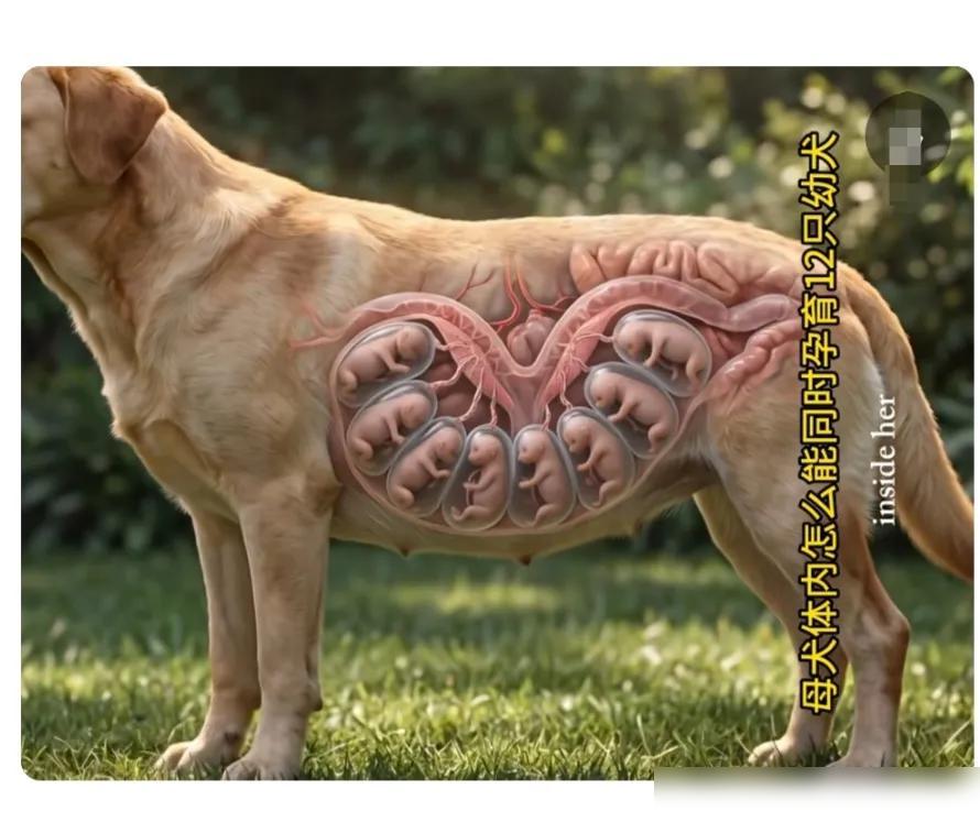 母犬怀孕之后，十几只幼犬会分布在子宫的两个子宫角里面。一听“十几只”，很容易