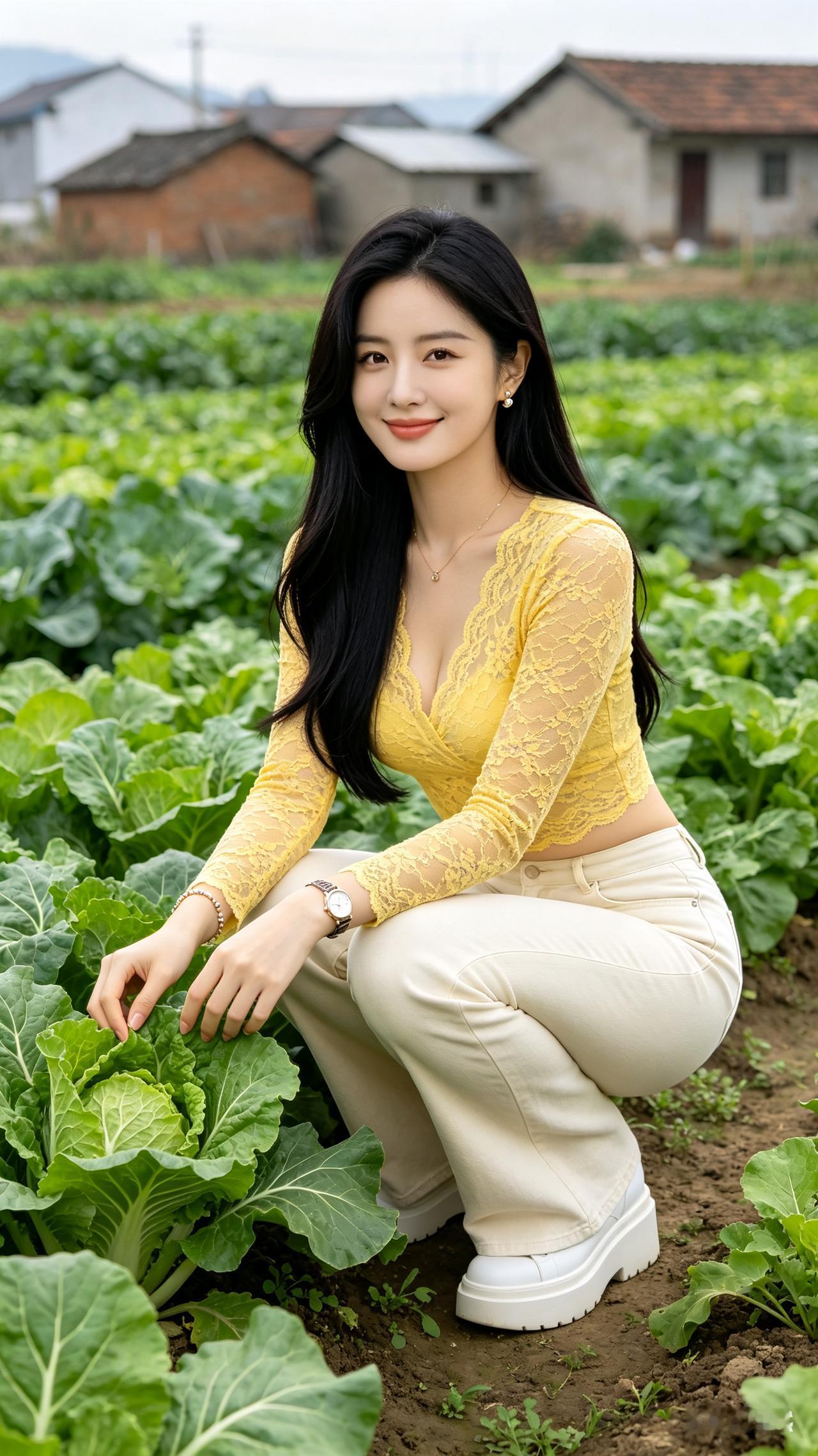 22岁鹅蛋脸女生蹲于农家菜园，手抚青菜温柔浅笑，黑长直发垂落。黄蕾丝V领短上衣配