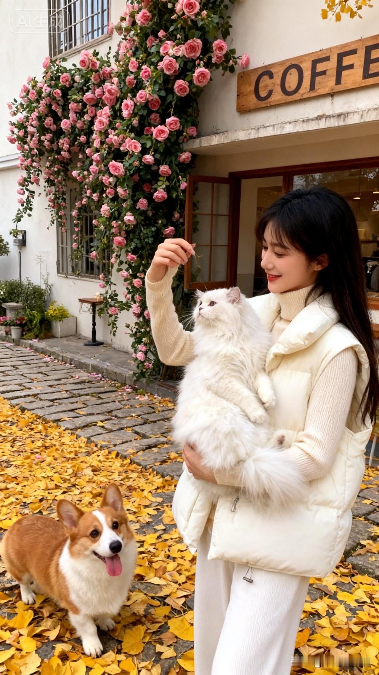 女孩抱着猫，狗在旁边开心地看着。