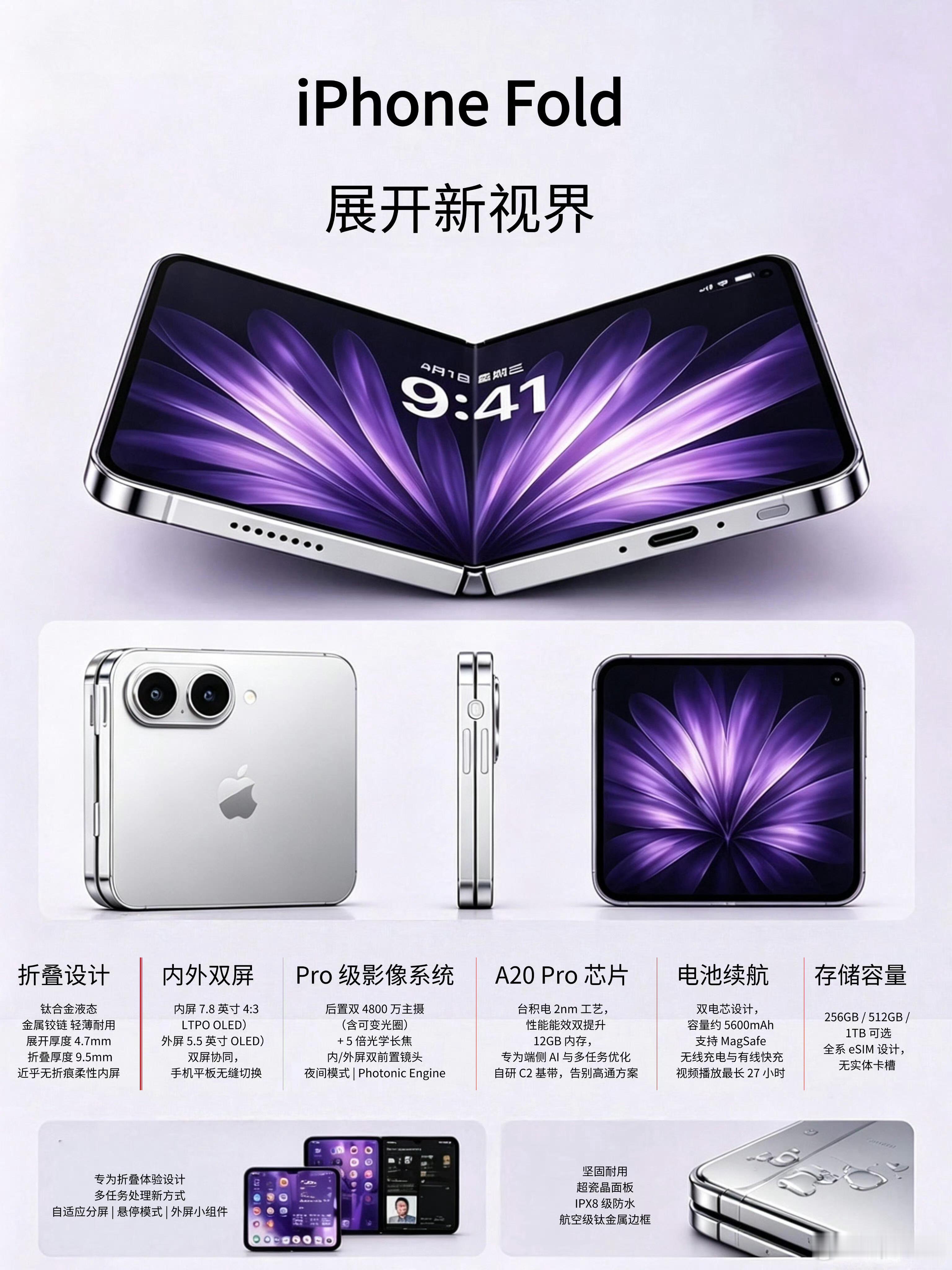 iPhoneFold今年终于要来了，这是苹果今年一个大招。阔折叠设计，钛合金铰
