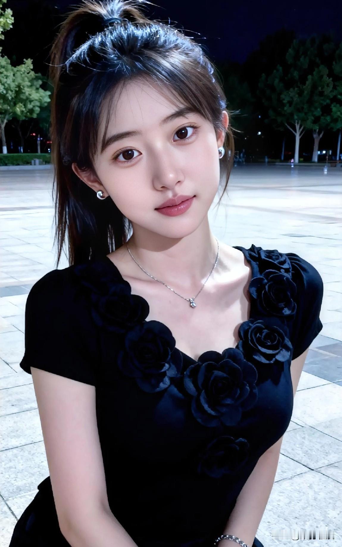 这个女孩穿着黑色玫瑰连衣裙，好漂亮！女生怎么穿搭彰显气质什么样的裙子才能兼顾优