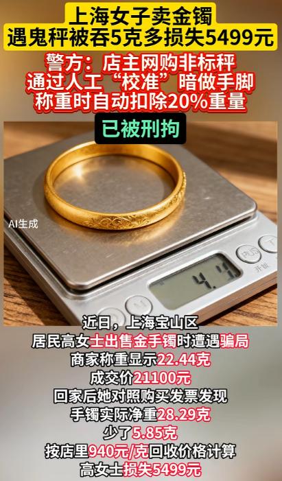 上海，女子拿黄金手镯去金店卖，称重22.44克，卖了21100元，回家后，女子发