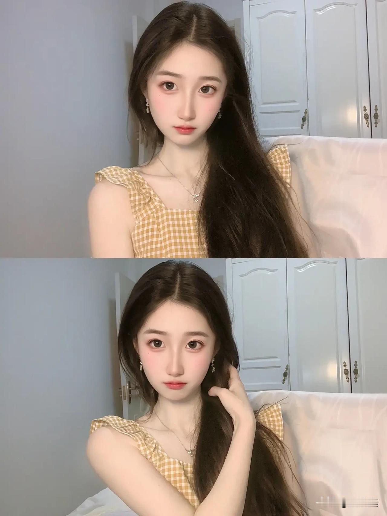 温柔少女风，复古格纹裙，甜美妆容，清新自然。