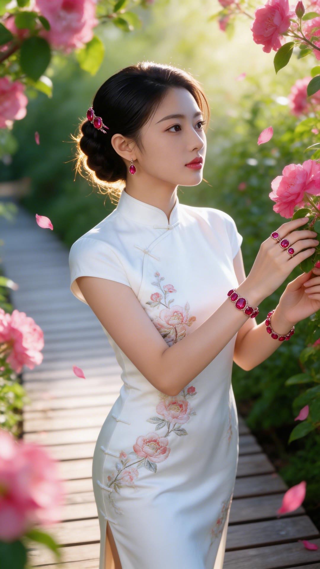 优雅旗袍，花间仙子，粉黛如画。