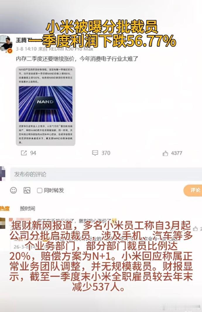 过去两年最成功的电动汽车企业小米，也迎来了裁员。据财新网报道，引述多名小米集