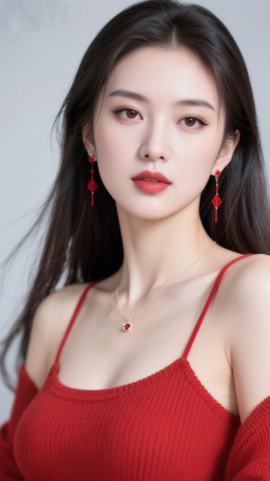 《红衣里的柔暖诗意》她身上的红，是织进绒线的春日暖意——针织面料裹着轻软的