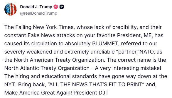 川普发帖：正在走向失败的TheNewYorkTimes，由于其缺乏公信力，