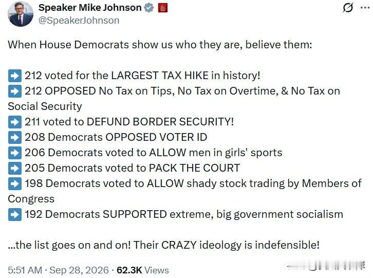 众议长MikeJohnson：当众议院民主党人展露自身立场时，请相信他们