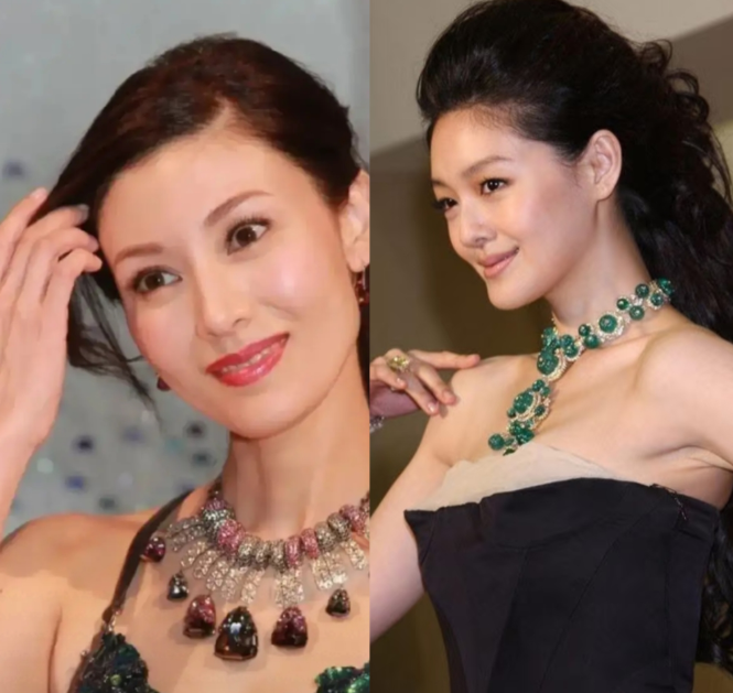 说起来很奇怪单论颜值和身材李嘉欣是完胜大S的可同样戴着夸张的彩色珠宝项链亮相，