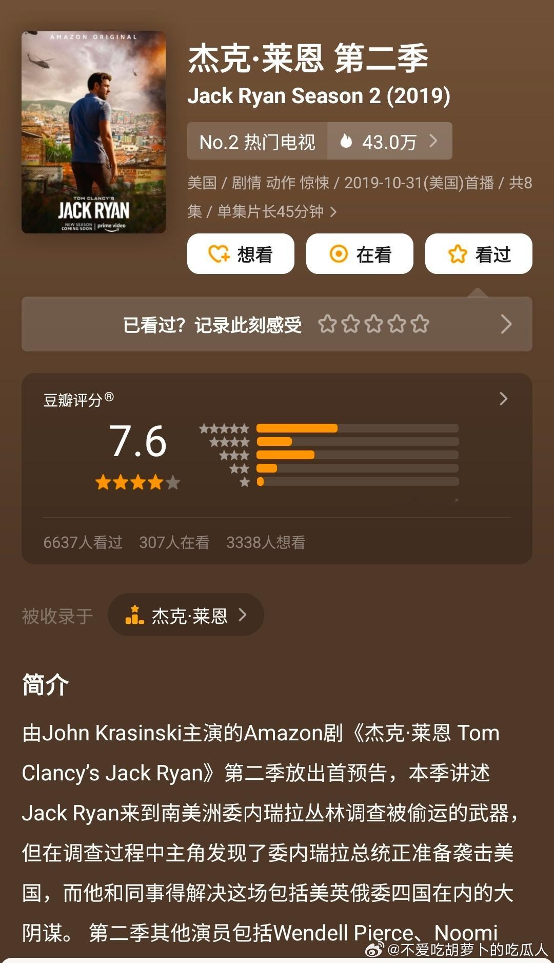 2019年的美剧《杰克·莱恩》第二季，豆瓣评分从6.3分涨到7.6了！剧情是美国