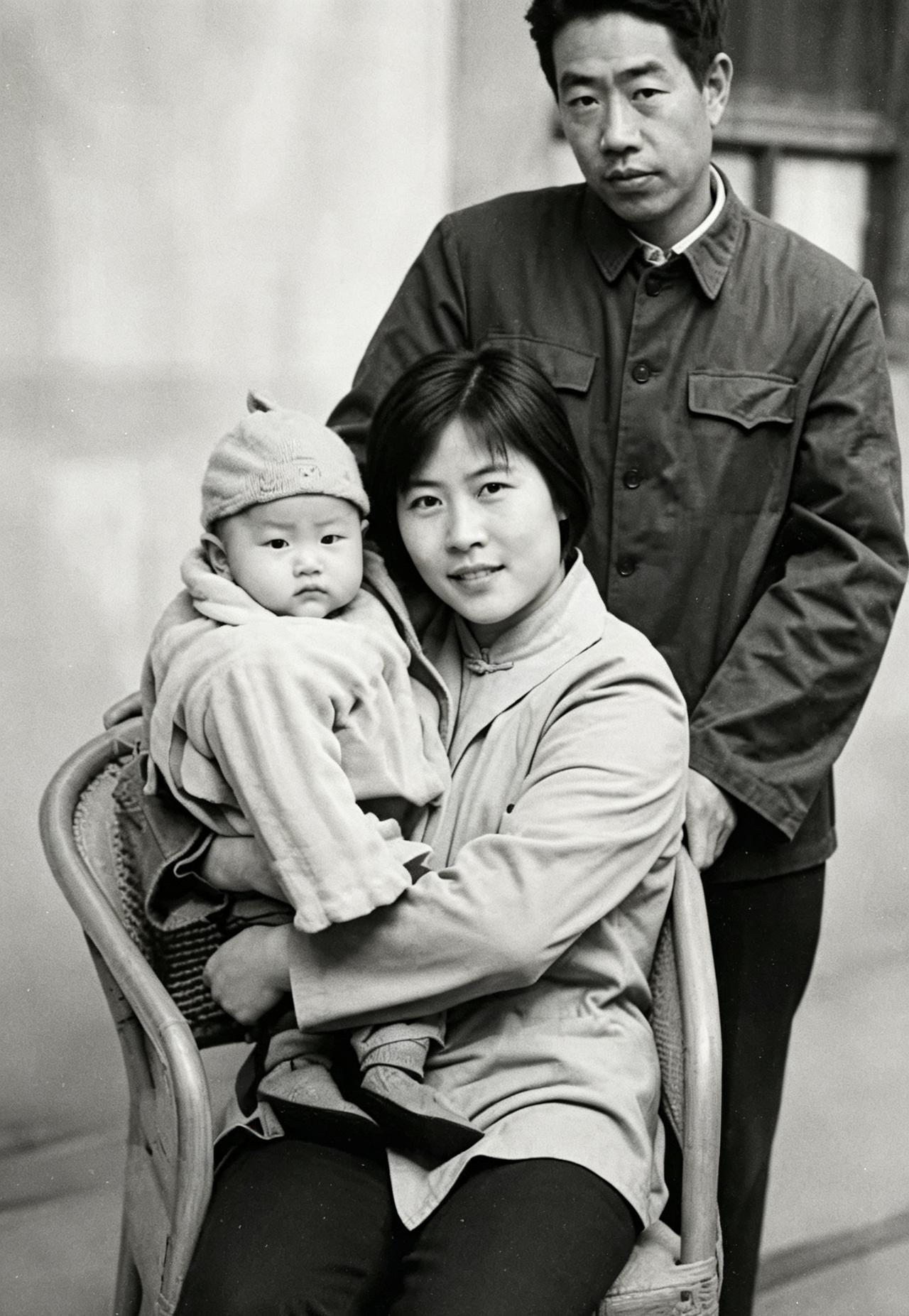 1980年，著名作家贾平凹一家三口拍摄的全家福，此时的贾浅浅出生百日左右。贾平凹